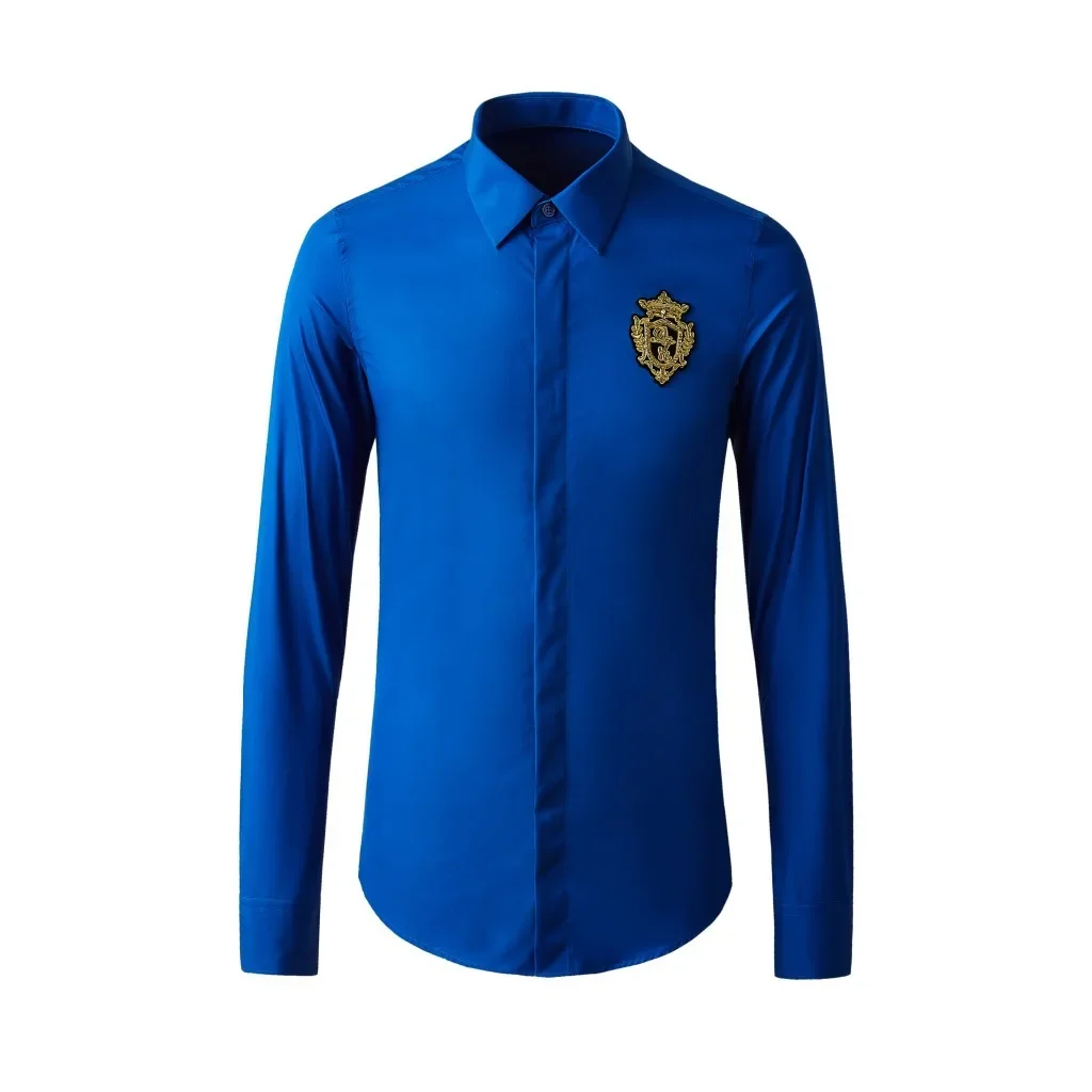 Autumn and winter European and American style gold crown badge long sleeved men\'s shirt trendy brand shirt