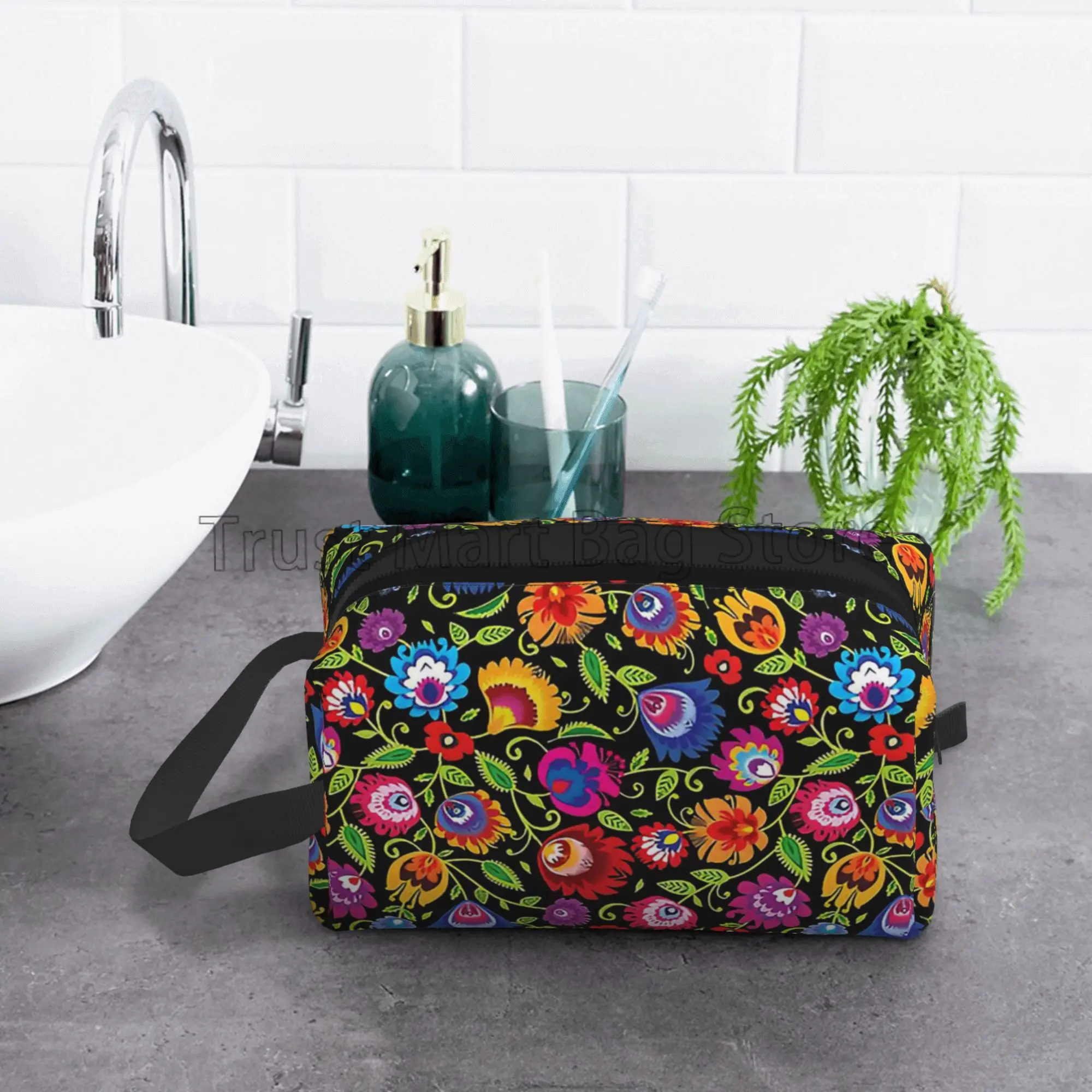 Poland Polish Flowers Floral Folk Art Travel Storage Bags Vintage Makeup Pouch Large Cosmetic Bag Women Portable Toiletry Bag