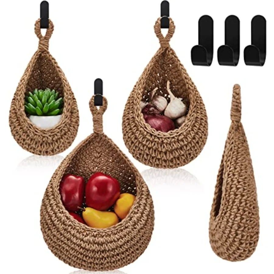 Boho Decor Hanging Wall Baskets for Kitchen 3 Pack Baskets Hooks Storage Fruit Onion Vegetable Potato for Home 3 Sizes
