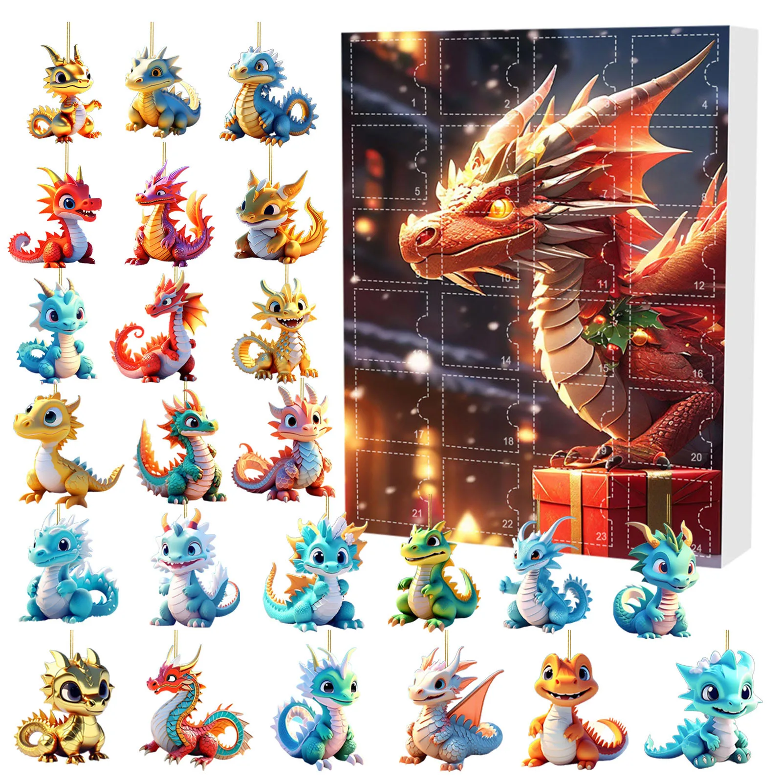 Christmas Countdown Calendar Featuring 24 Surprise Gifts Including Adorable 2D Dragon Baby Dolls & Stunning Christmas Pendant