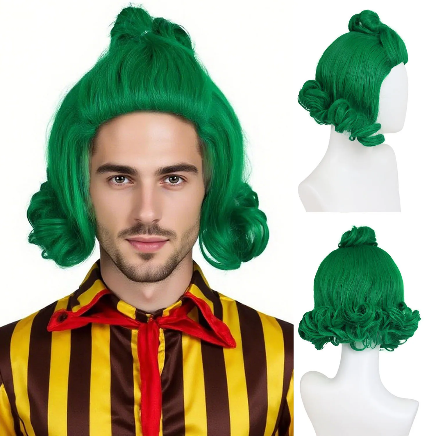 

Synthetic Curly Wig for Men Short Wavy Vibrant Green Cosplay Wig with White Eyebrows Man Funny Wigs Halloween Party Anime Wig