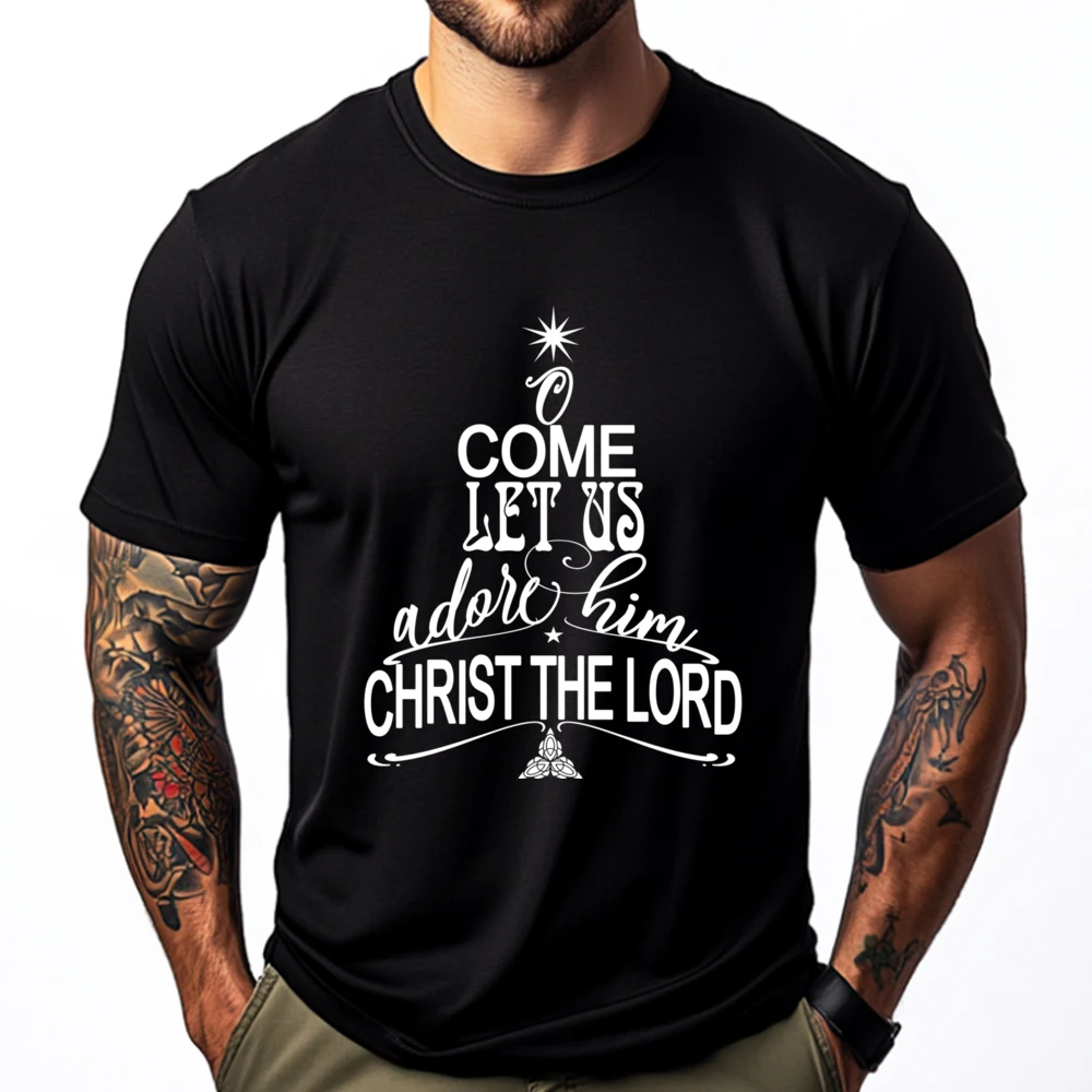 

O Come Let Us Adore Him Christian Christmas Holiday Men Graphic Tees Men's Clothing Illustration Camiseta