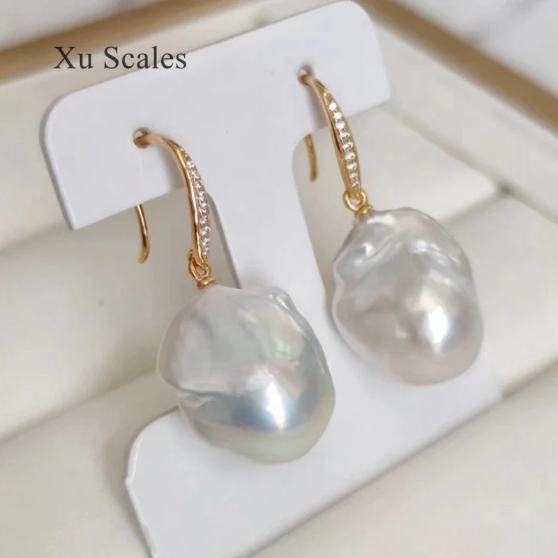 Natural Freshwater Pearl 14K Gold Filled Zircon Inlaid 15-25mm Baroque White Pearl Drop Earrings INS Fine Jewelry Gifts forWomen