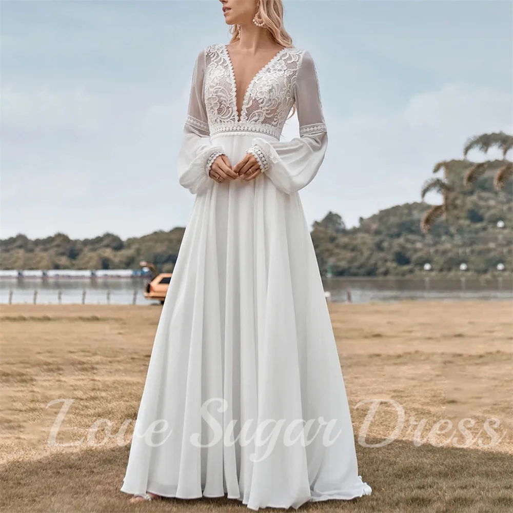 

Simple Boho Chiffon Wedding Dresses Long Sleeves V Neck Bridal Gowns A Line Lace Bride Dress Customsized vestidos para mujer