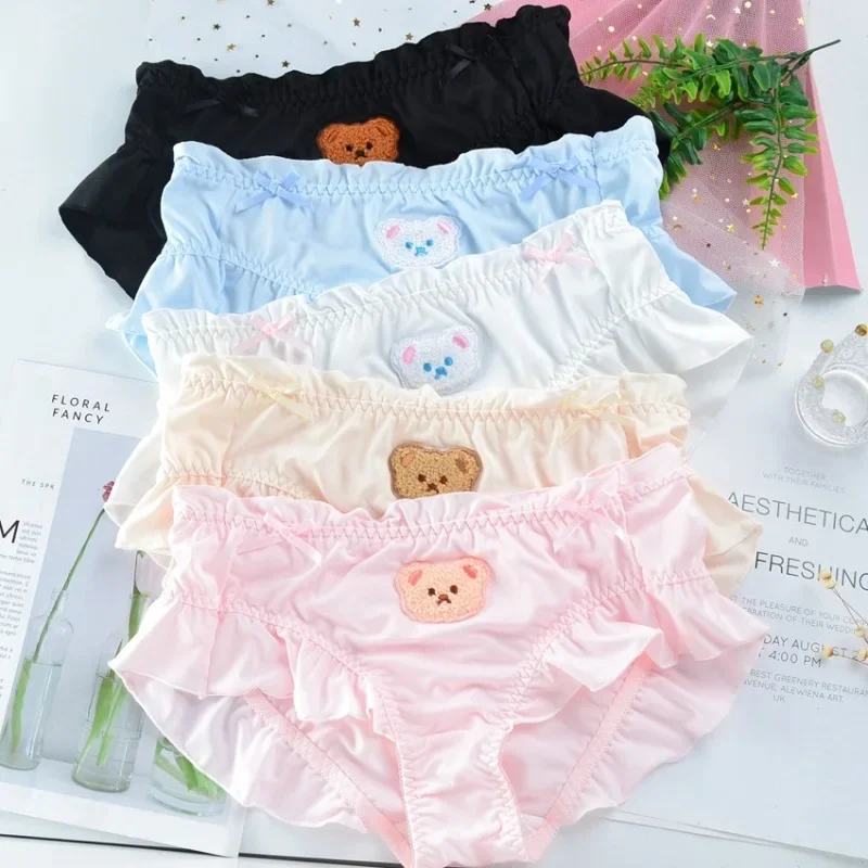 

Cute Lovely Sweety Women Japanese Style Princess Lolita Bow Cartoon Bear Embroidery Milk Silk Panties Underwear