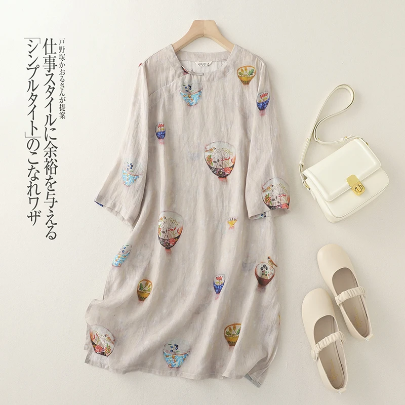 

Women Vintage Ramie Short Dress Round Neck Print Cotton Half Sleeve 2024 Summer Loose Casual Dress Female Holiday Clothes X1053
