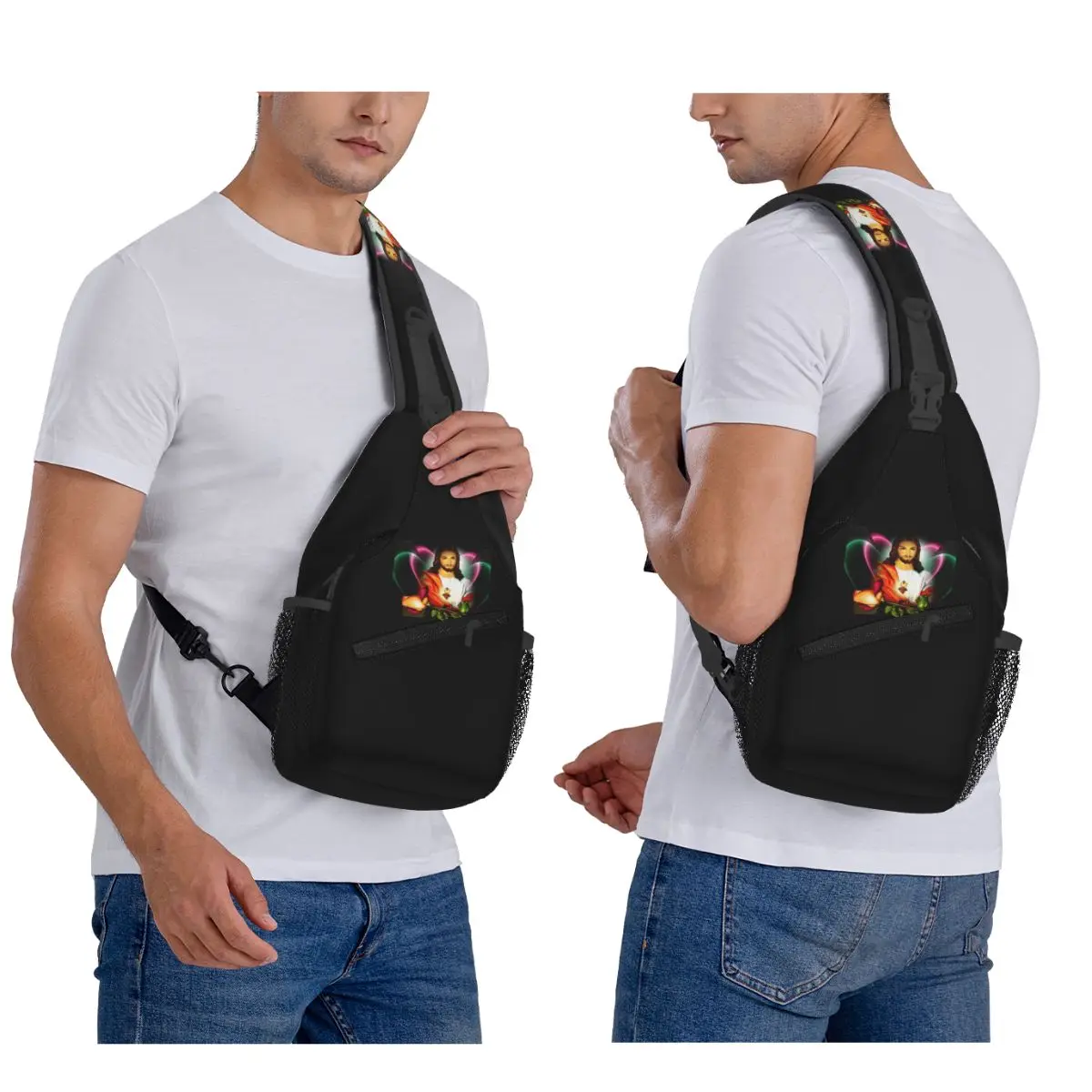 Sacred Heart Of Jesus Christian Catholic God Chest Bag Men Sling Crossbody Backpack Chest Bag Travel Hiking Daypack Shoulder Bag