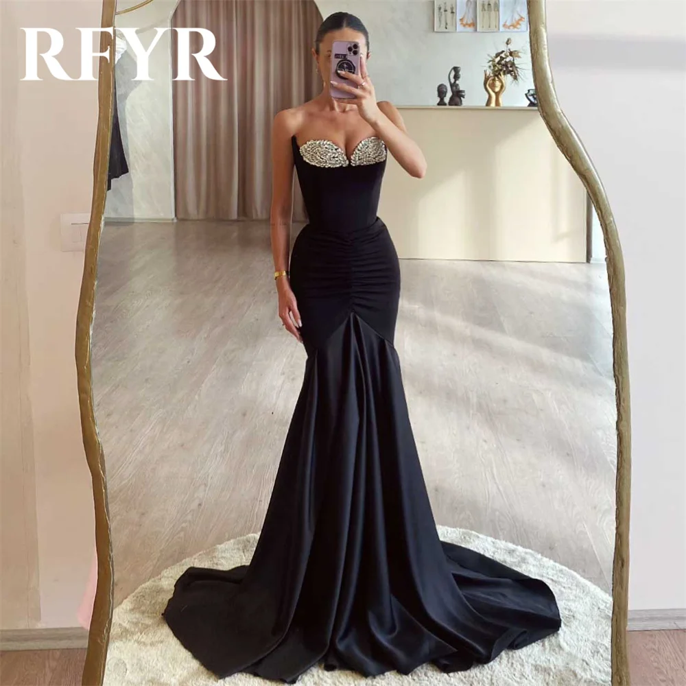 

RFYR Black Prom Dress Trumpet Sweetheart Evening Dresses Pleats Satin Party Dress with Sequins Floor-length Vestidos De Noche