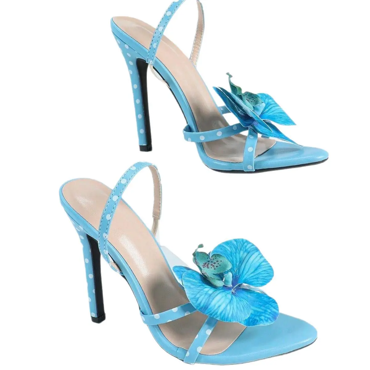 Women's Three-dimensional Flower Decoration With Back Ankle Strap Round Head Stiletto Sandals Blue High Heels Shoes Luxury Woman
