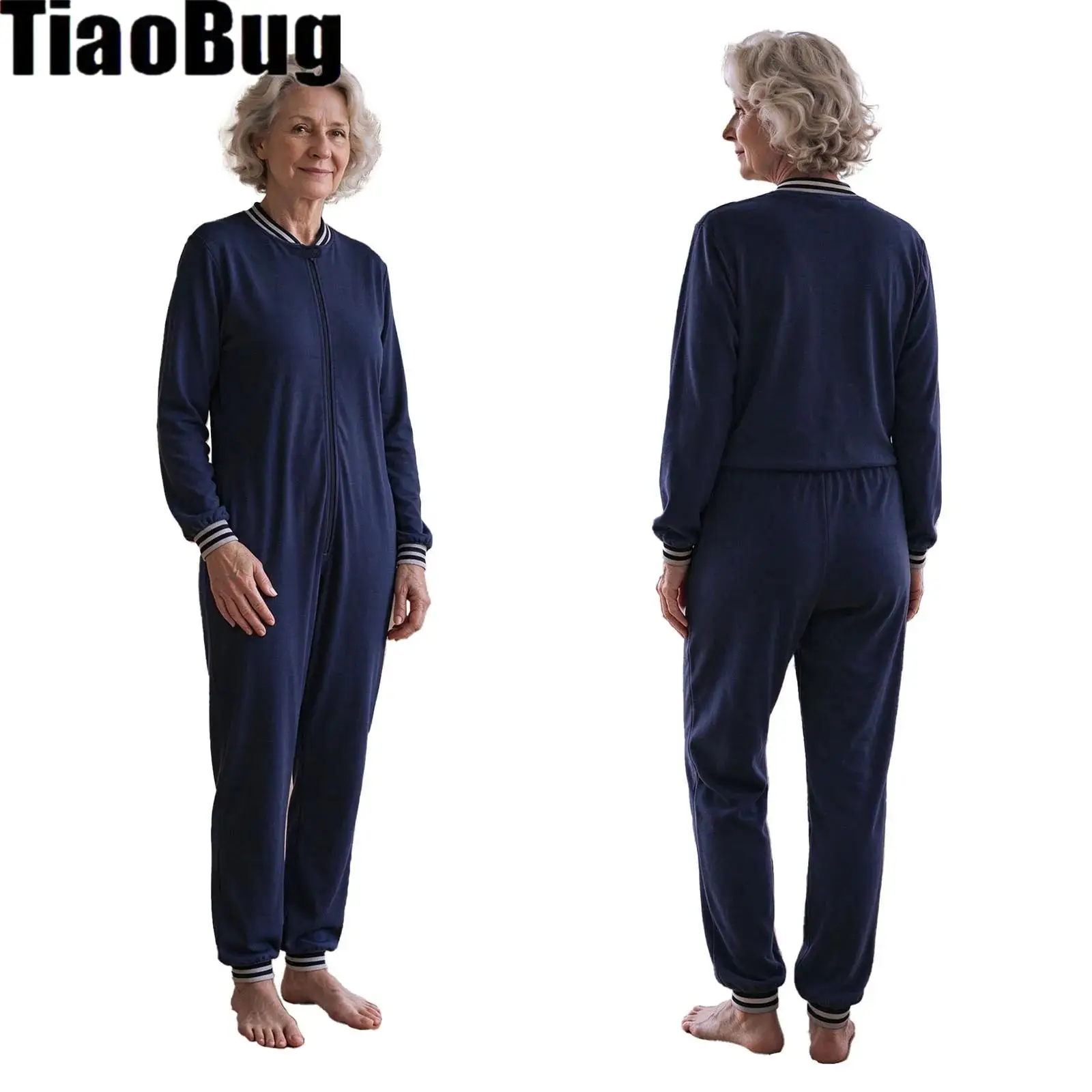 Men Women Elderly Adaptive Jumpsuit Striped Collar Cuffs Legs Long Sleeve Anti-strip Jumpsuit with Front Side Back Waist Zipper