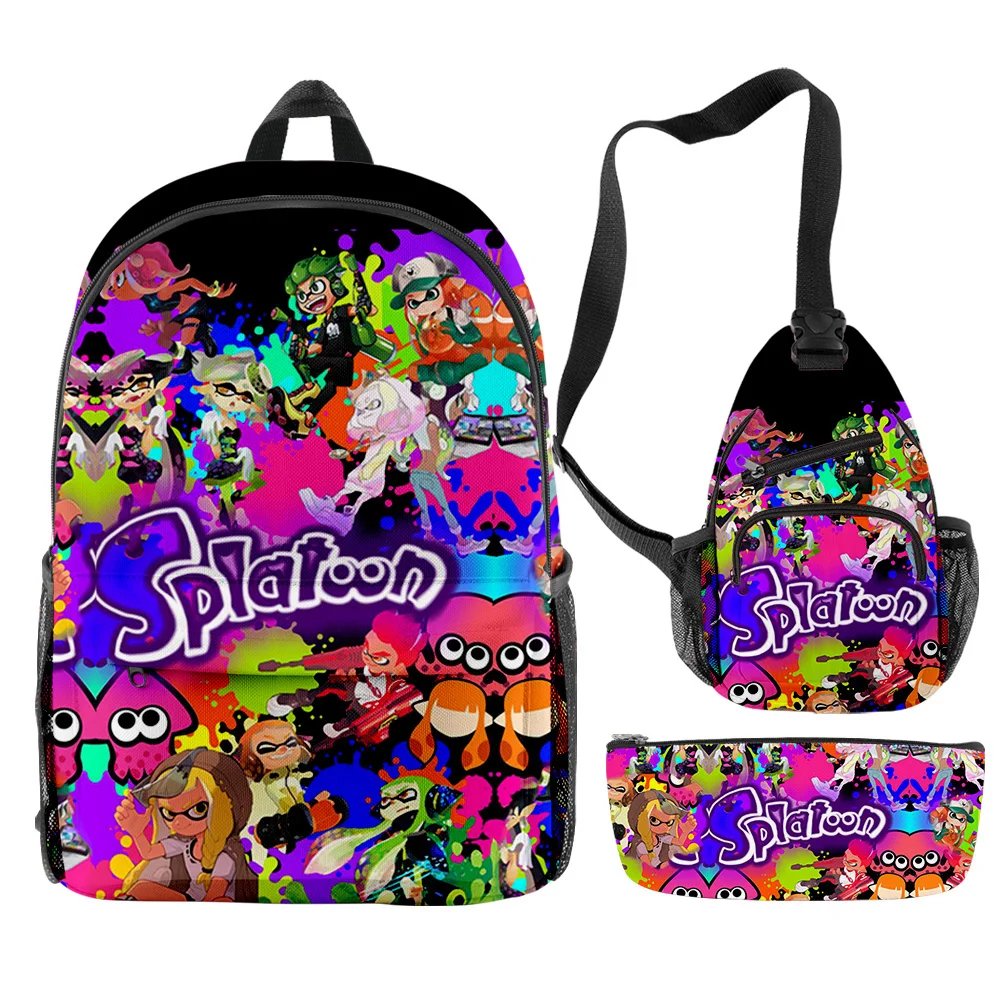 Trendy Youthful Funny Splatoon 3 3pcs/Set Backpack 3D Print Bookbag Laptop Daypack Backpacks Chest Bags Pencil Case