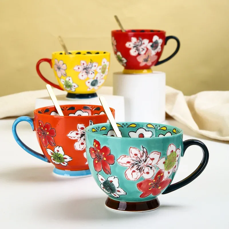 LingAo-Hand-painted Ceramic Relief for Breakfast, Oatmeal Milk Cup, Milk Tea Shop, Restaurant, Home, Office, Coffee Shop