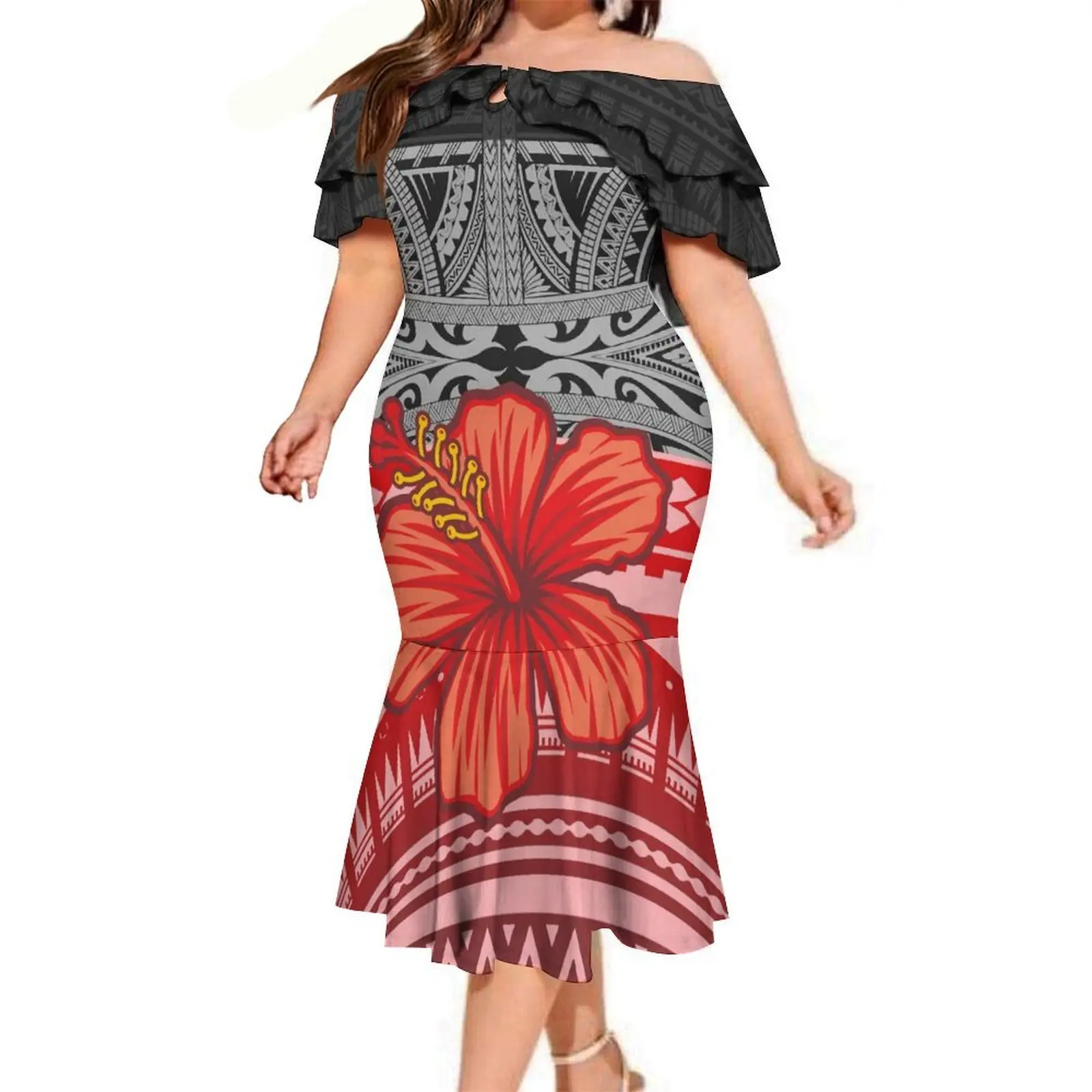 

Hawaiian Floral Print Polynesian Island Art Pattern Women'S Off-The-Shoulder Dress Cocktail Party Fishtail Long Dress