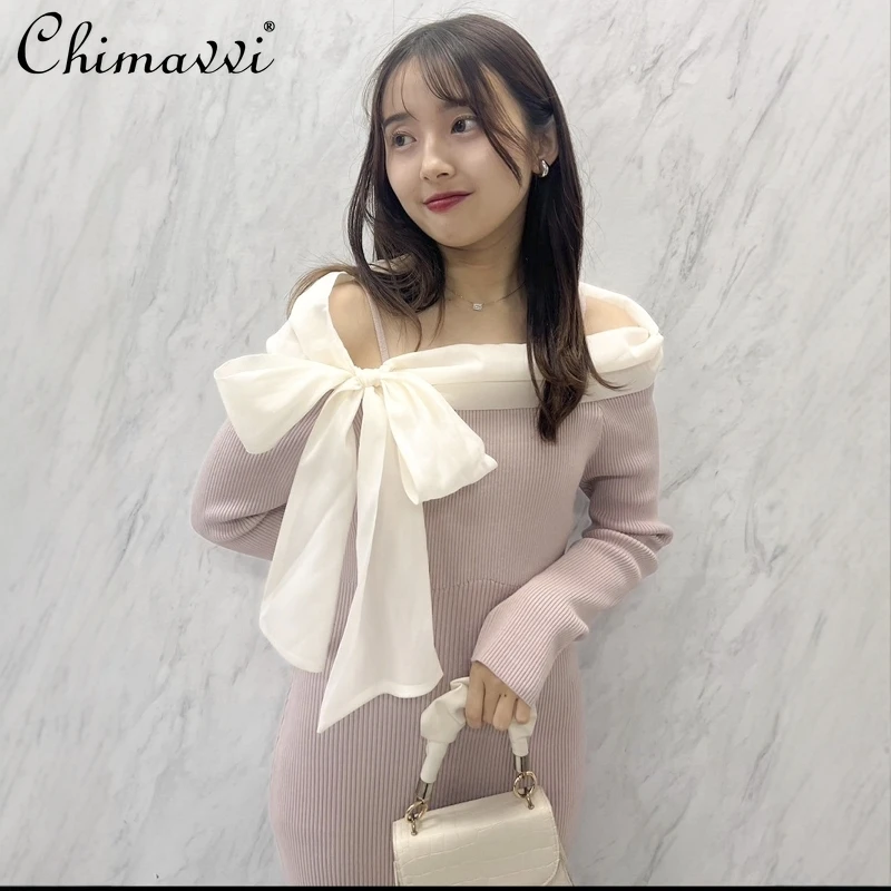 New Japanese Sweet Ribbon Bow Slim Knitted Dress Autumn and Winter Ladies Off Shoulder Long Sleeve Elegant Fairy Sweater Dress