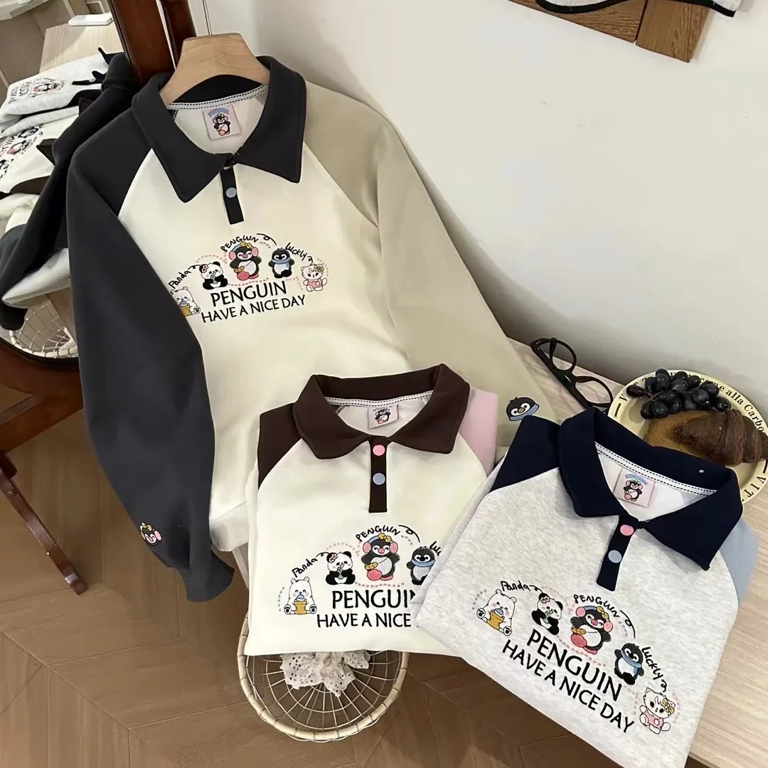 POLO collar contrast color long-sleeved sweater women autumn and winter Korean casual cartoon embroidery plus velvet loose coat