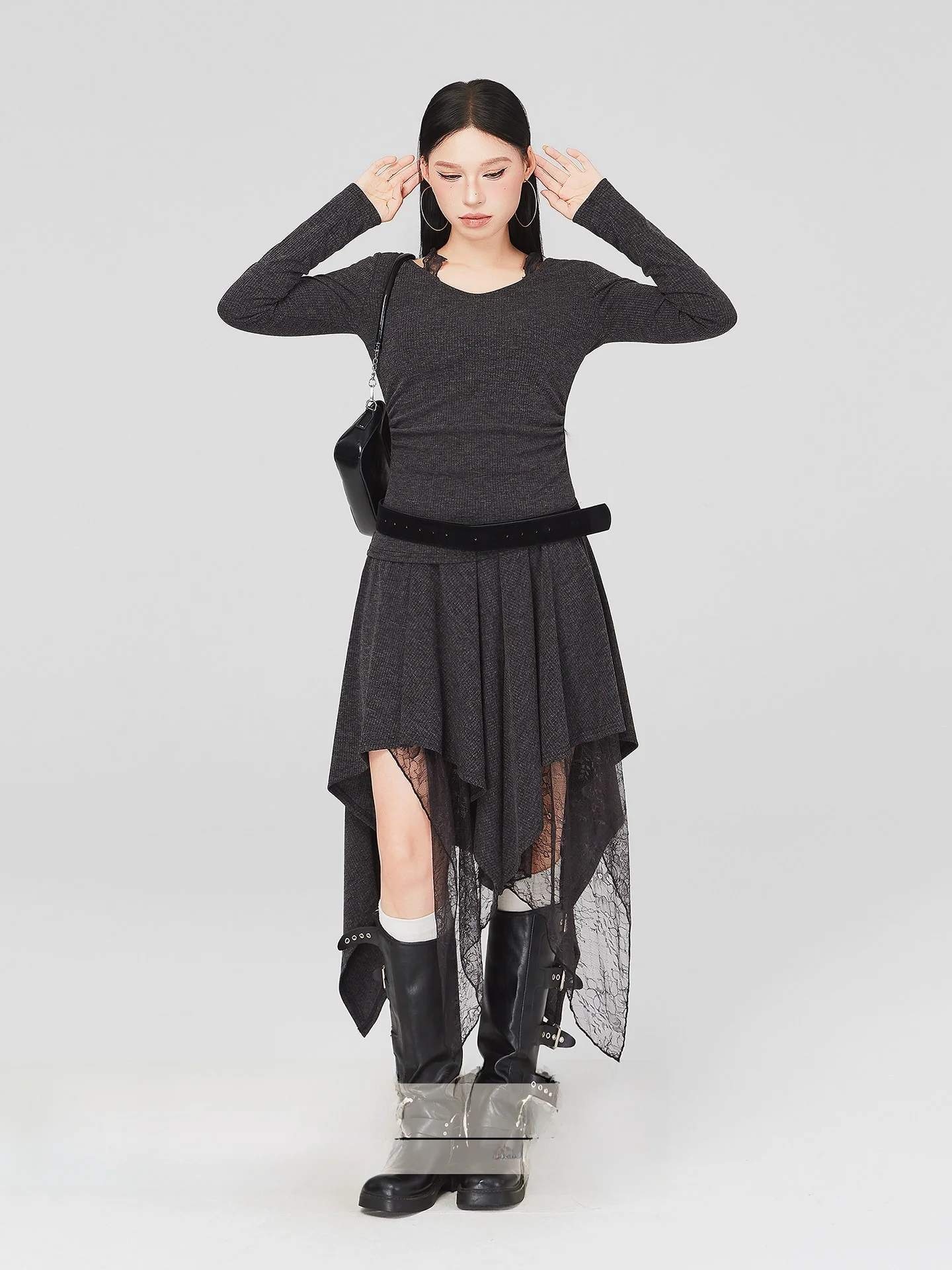 

Женский модный комплект больших размеров для похудения, длинная юбка трапециевидной формы с высокой талией и кружевом, костюм из двух предметов, корейский костюм для поездок на работу