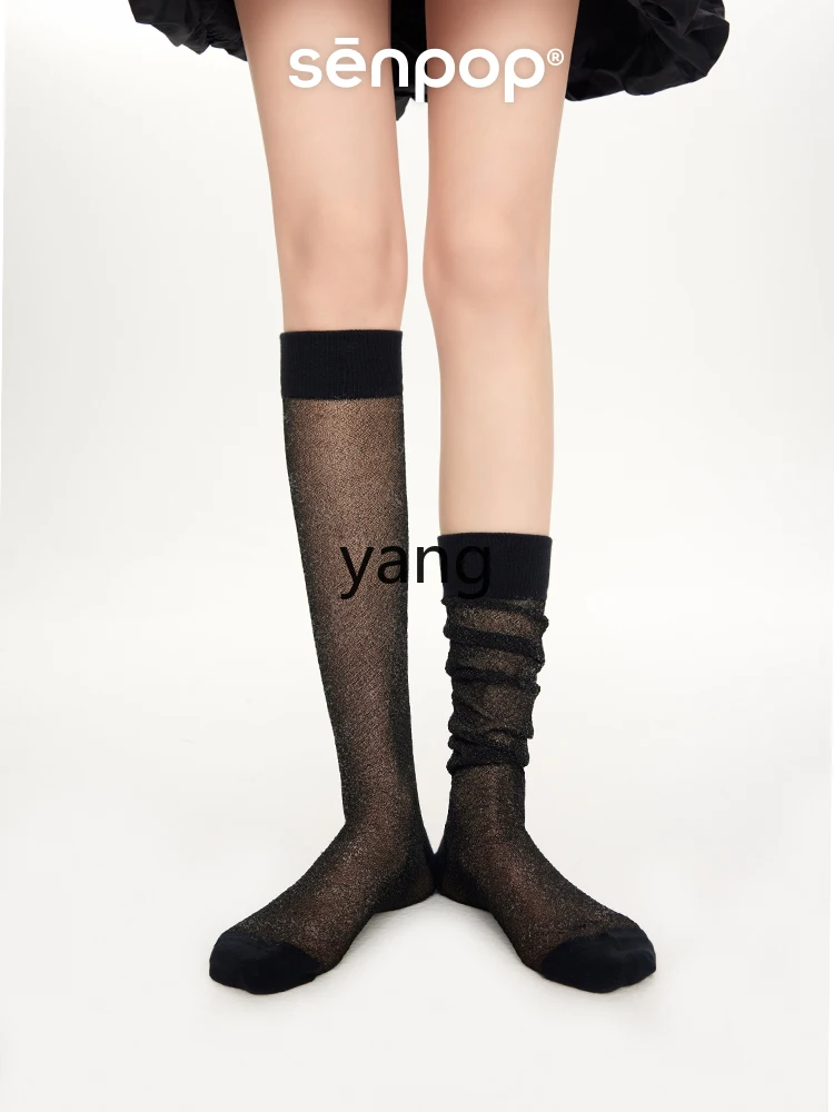 LMM black stockings thin stacking socks women's sandals socks summer black with small leather shoes medium tube socks