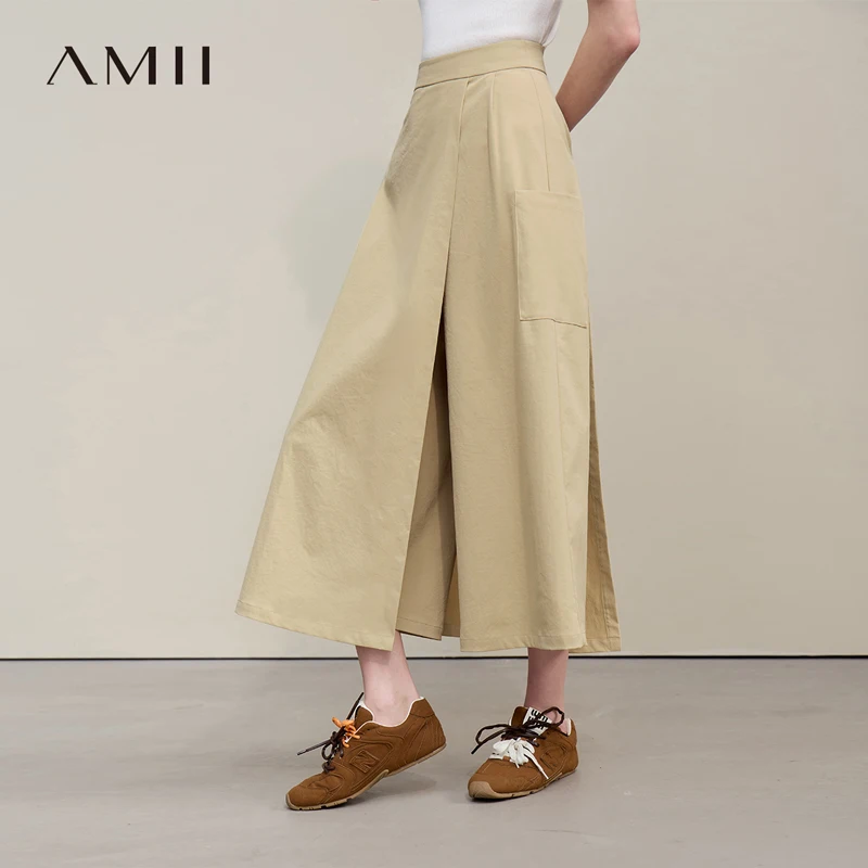 Amii Women's A-Line Skirt 2026 Summer New Textured Relaxed Pocket Midi Culottes Versatile Casual Style Skirt For Women 12622124