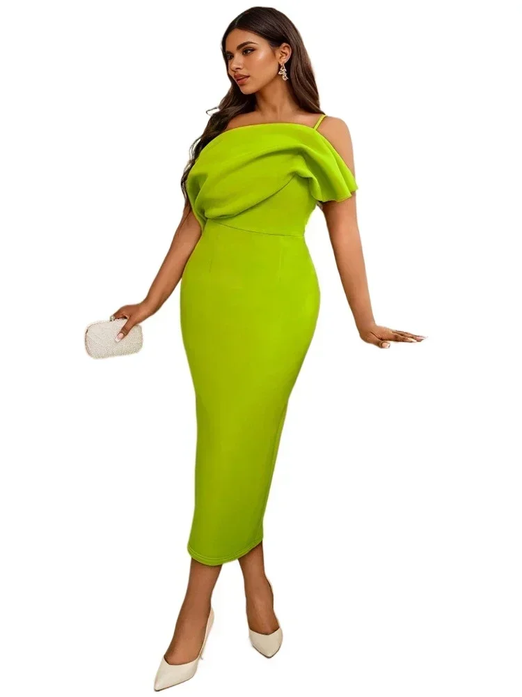 Green Bodycon Dresses for Women One Shoulder Sleevless High Waist Ruffles Midi Evening Homcoming Birthday Event Outfits 2024