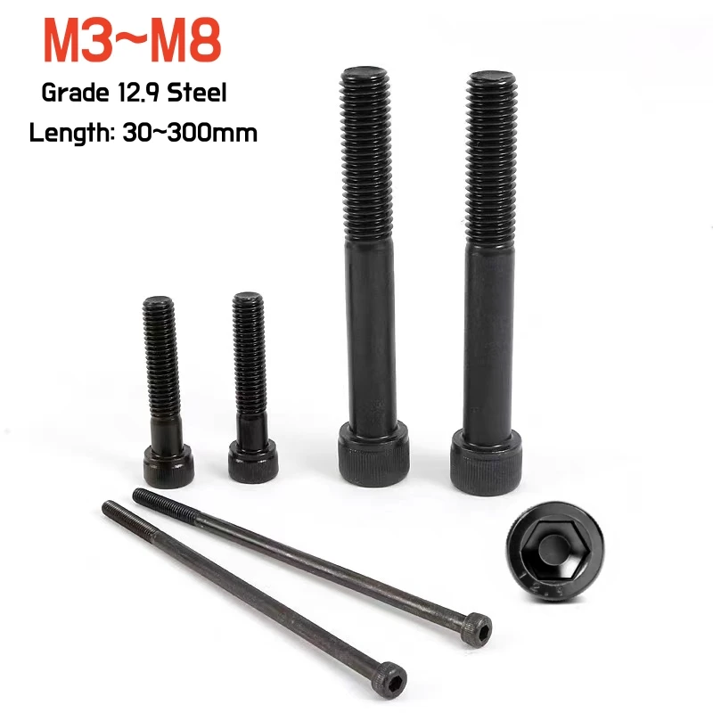 1~20pcs M3M4M5M6M8 Black Half Thread Lengthened Long Allen Hexagon Hex Socket Cap Head Screw Bolt Grade 12.9 Steel L=30-300mm