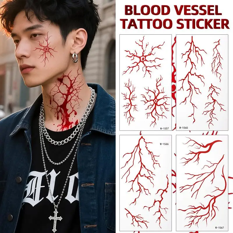2 hojas de tatuaje temporal de Halloween, pegatinas faciales impermeables de sangre roja falsa, pegatinas para mano, brazo, espalda y cuerpo, calcomanías de maquillaje para Festival