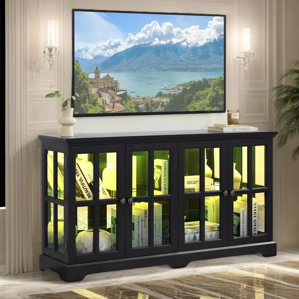 

59" W LED Curio Cabinet with 7 Color Lights, Vintage Glass Display Cabinet with 4 Glass Doors and Adjustable Shelves