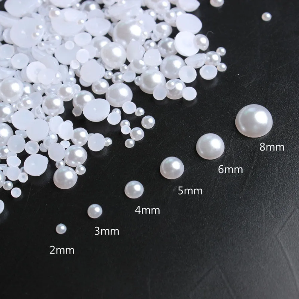 1000pcs/Bag White Gold Silver Pearls Half Round Pearl Nail Charm 3D Caviar Beads Manicure Supplies Flatback Pearl Mix Size Decor
