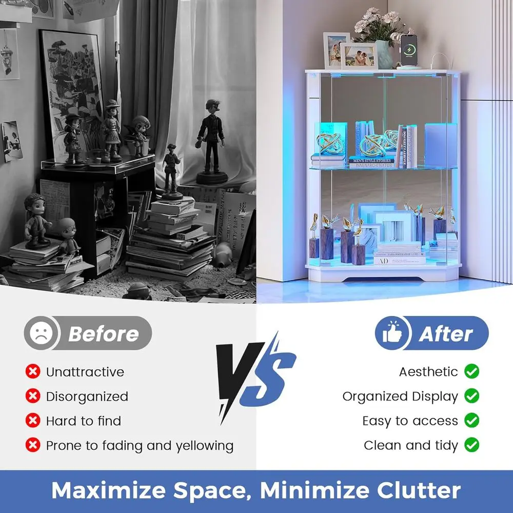 2-Tier Glass Display Cabinet with LED Lights and Charging Station for Living Room, Elegant White view 6
