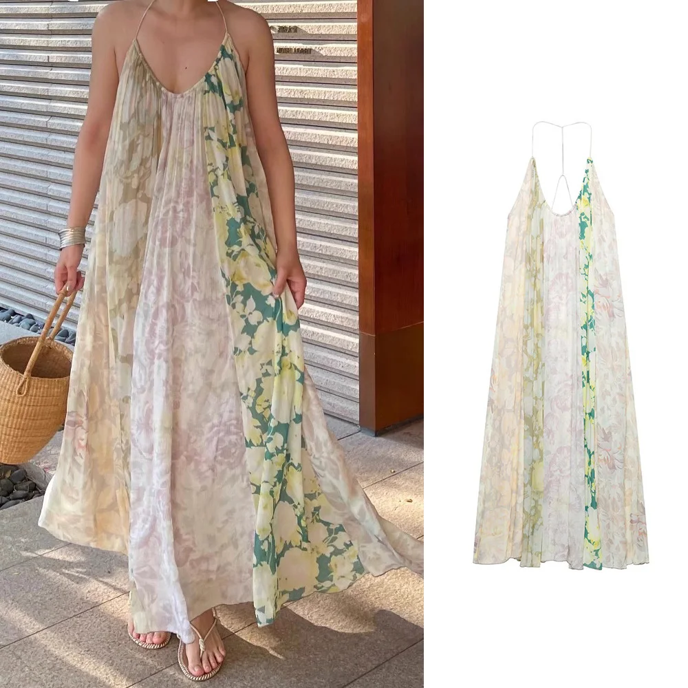 PRINTKAOIR Seaside Vacation Style Stunning Flower Print Patchwork Backless Sexy Suspender Dress Long Skirt
