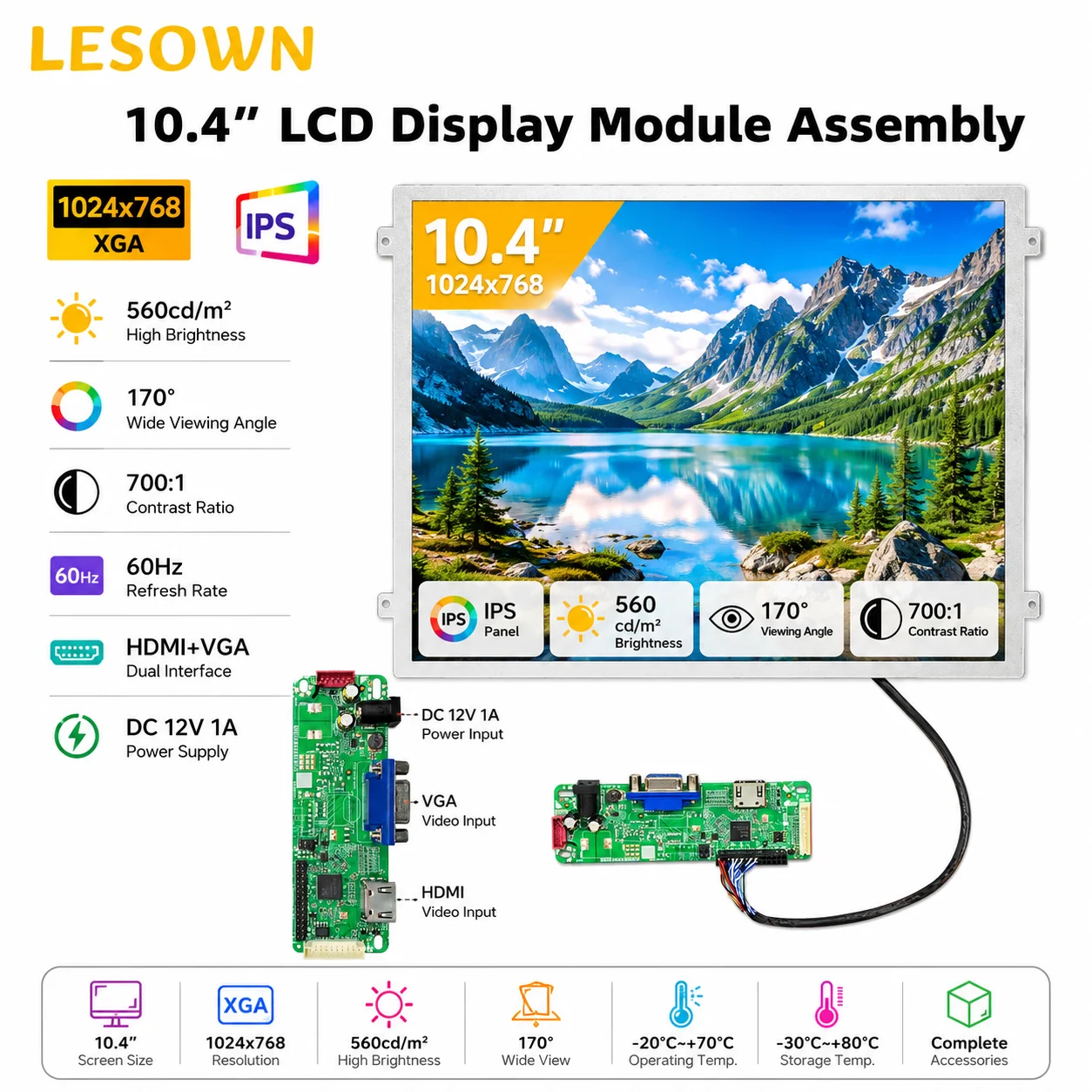 LESOWN 1024x768 LVDS Monitor System Instant Setup 10.4" Screen Matrix with HDMI/VGA Controller Board