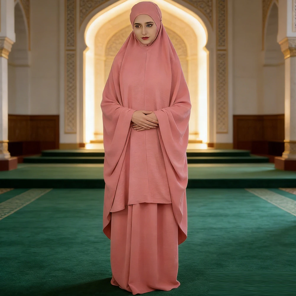 

2 Pieces Set Hooded Khimar Skirt Prayer Garment Muslim Women Abaya Dress Hijab Djellaba Kaftan Islam Clothing Kebaya Jalabiya