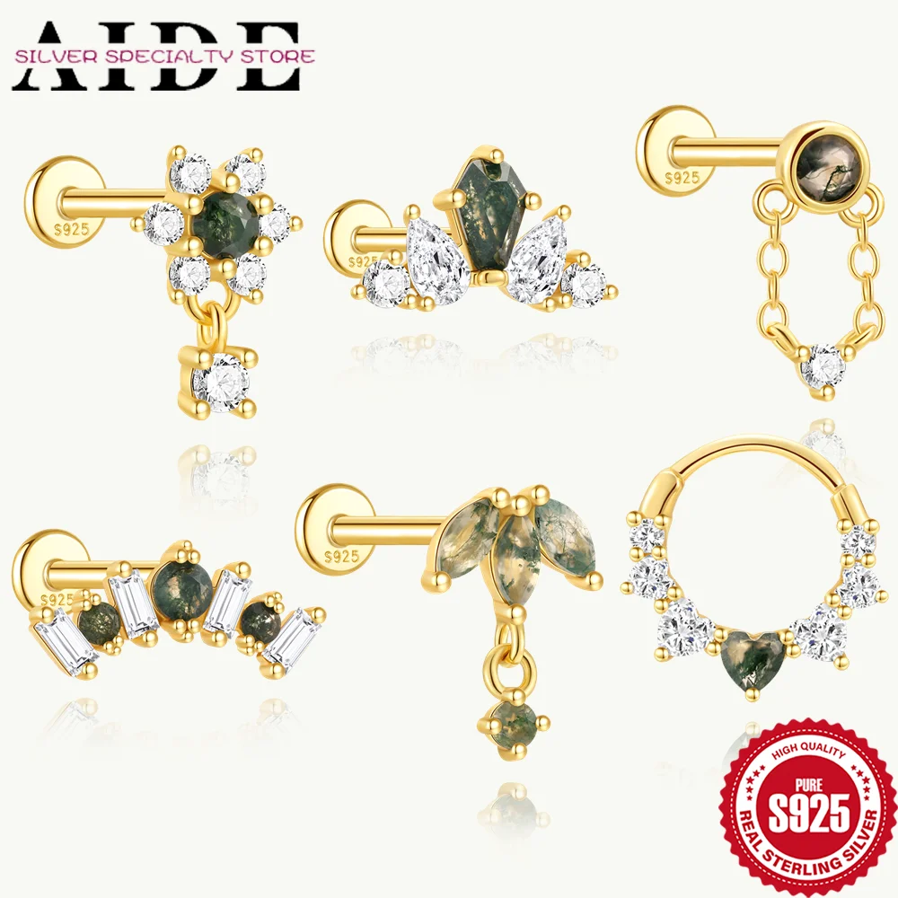 

AIDE Стерлингового Серебра 925, натуральная водная трава, агат, нить с плоской головкой, нерегулярная композиция, натуральная резьба, пирсинг зеленого мха