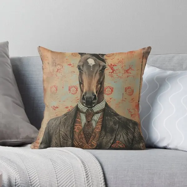 

Horse In A Suit Printing Throw Pillow Cover Fashion Car Bedroom Home Cushion Square Waist Throw Pillows not include One Side