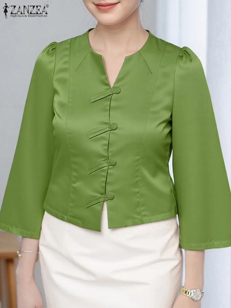 2025 Spring Shirts Women Vintage Chinese Style Tops ZANZEA Fashion Three Quarter Sleeve Tunic Casual V-Neck Buttons Blusas
