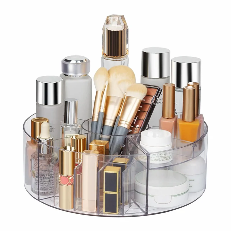 360 °   Organizador de maquiagem rotativo, mesa giratória transparente de 10 polegadas, organizador preguiçoso susan, suporte giratório de armazenamento de cosméticos com 6 divisórias jaf225