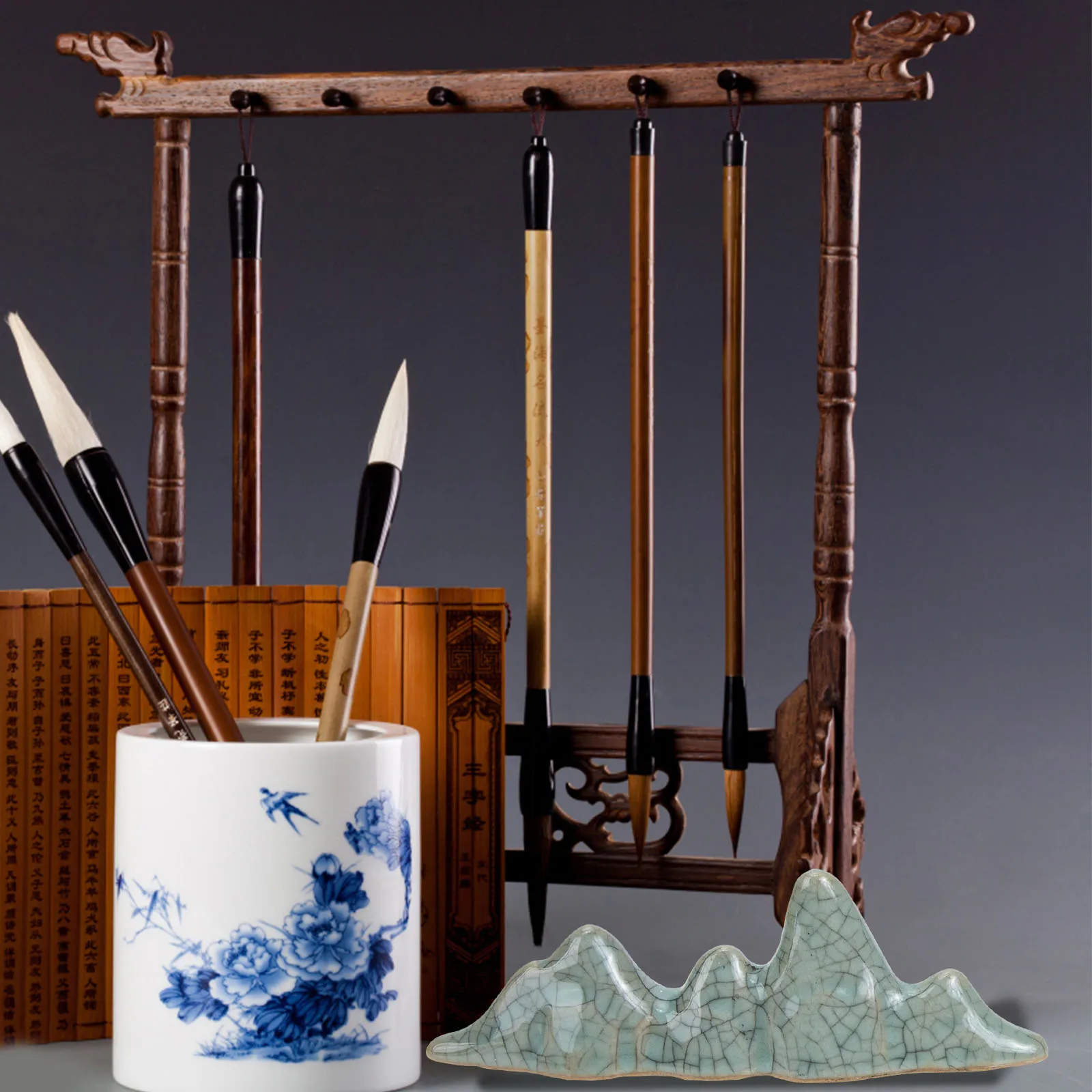 

Dark Brown Calligraphy Pen Holder Sturdy Brush Rack for Painting Writing Tools Desktop Organizer Home Office Decoration Stand