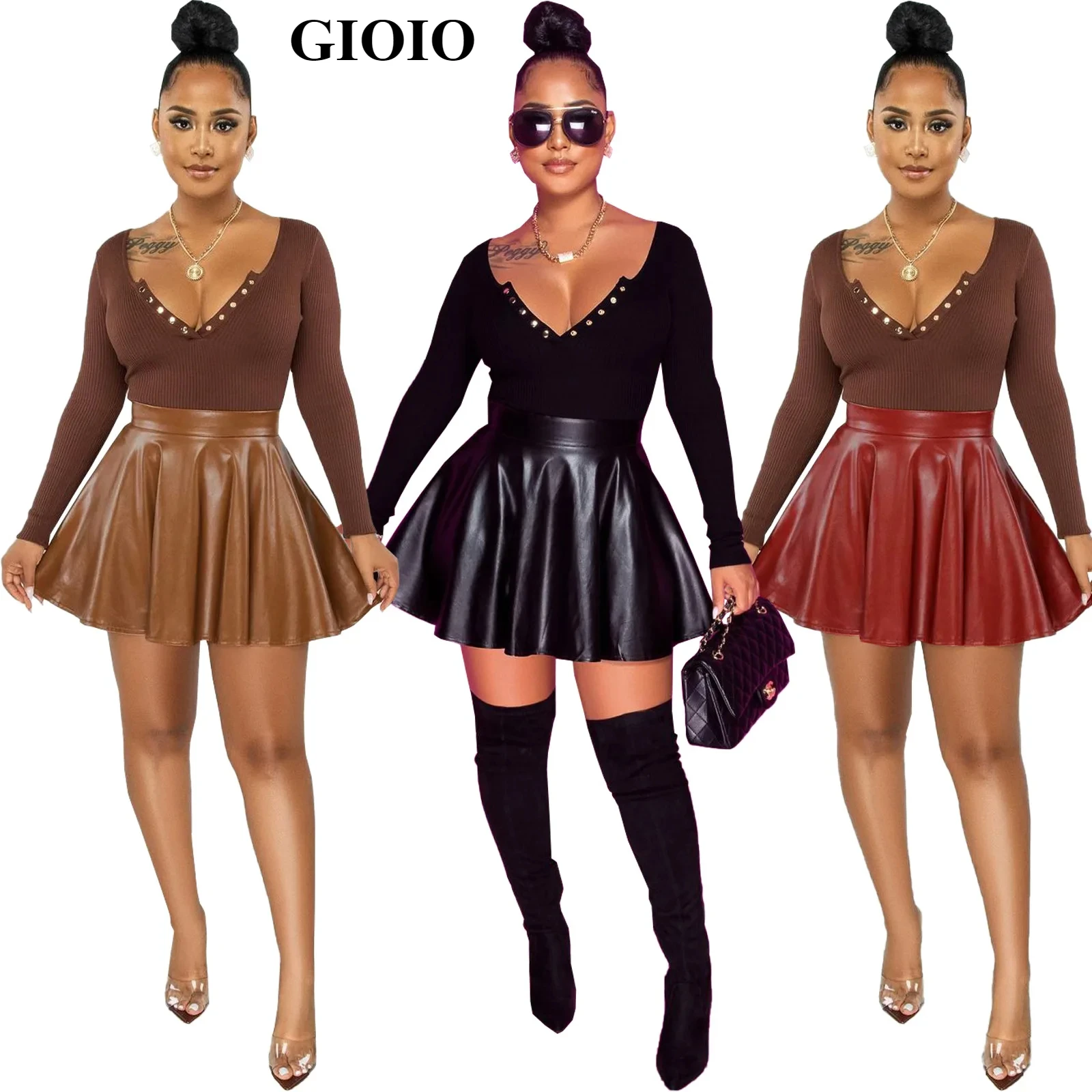 GIOIO women's clothing summer sexy solid color PU leather swing women's skirt mini skirt