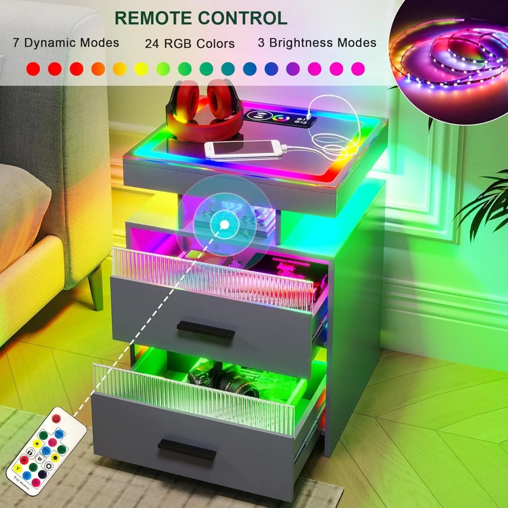 منضدة ذكية حديثة مع مصباح LED RGB وشحن لاسلكي، وطاولة بجانب السرير مع إضاءة بمستشعر بشري