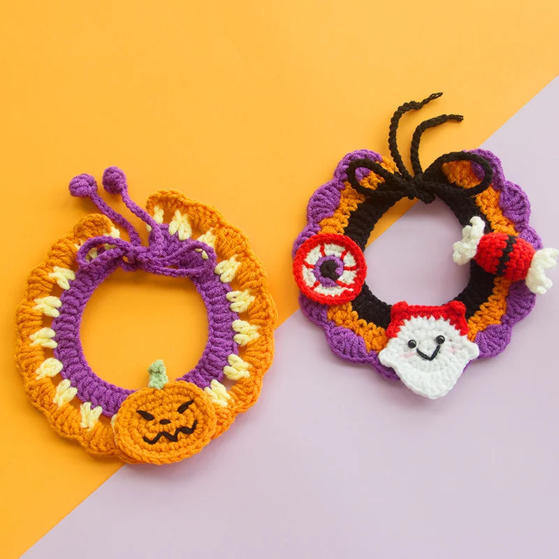 1pcs Halloween Dog Collar Pet Bib Dog Collar Cat Hat Hand Knitted Crochet Collar Pumpkin Costume Pet Accessories