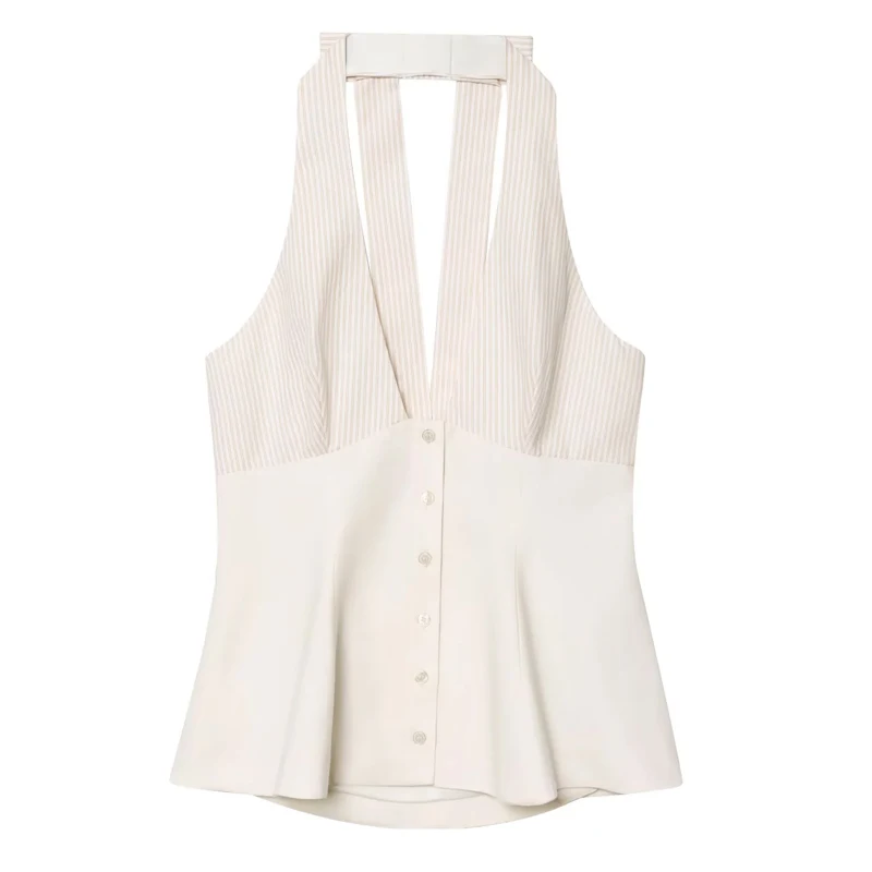 HXAO 오프숄더 홀터넥 탑 여성용 패치워크 스트라이프 탱크탑 여름 나비 백리스 섹시 코르셋 탑 크롭 파티탑