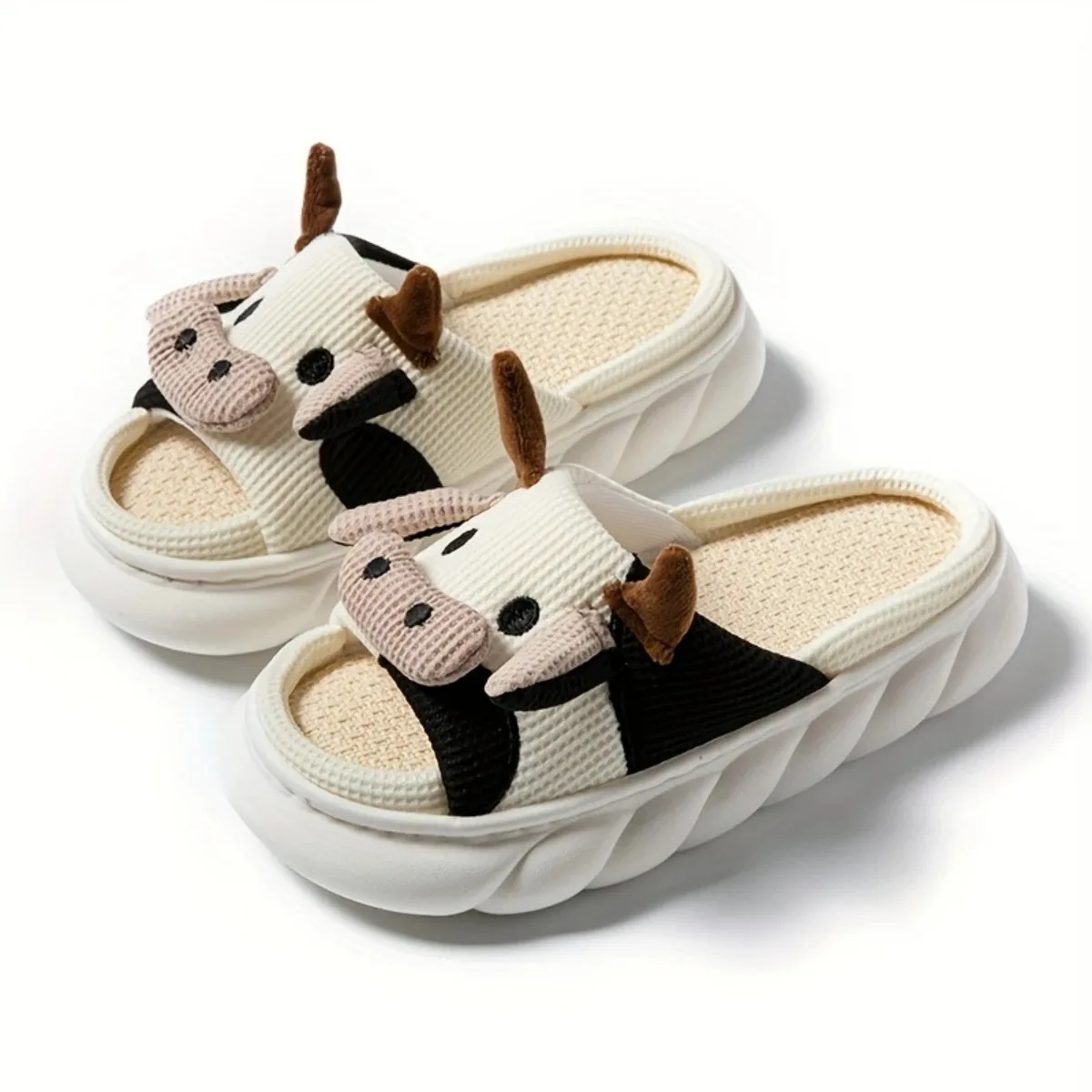 Women\'s Kawaii Cartoon Cow House Slippers, Casual Slip On Platform Slipper, Comfortable Indoor Shoes