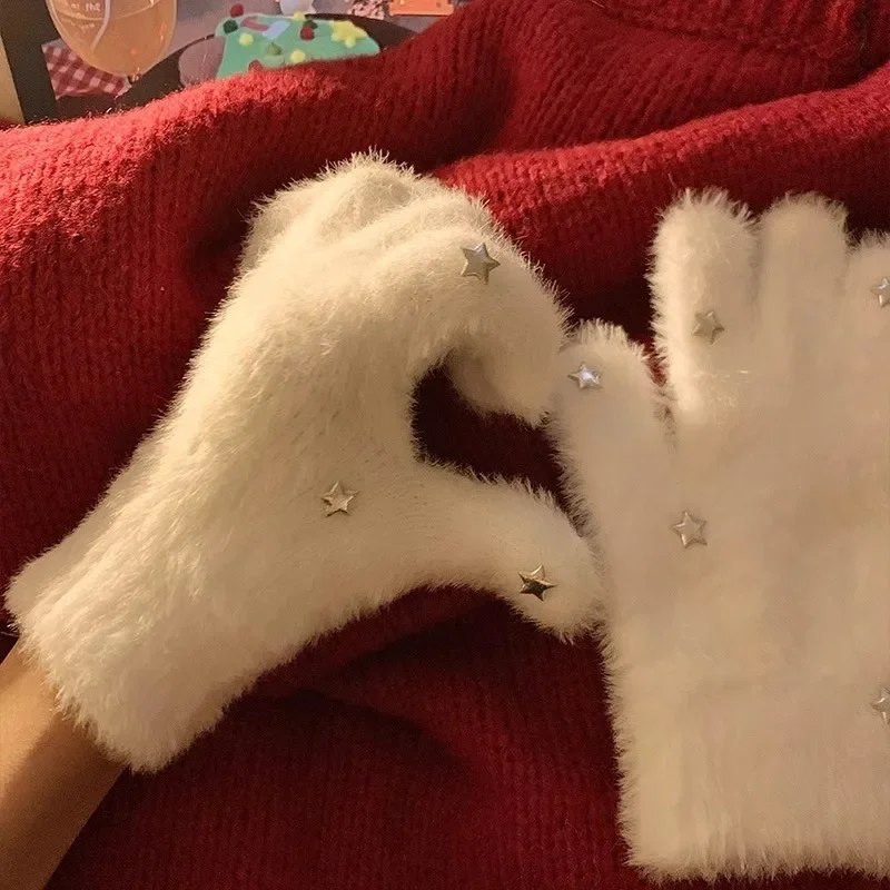 Guantes de cinco dedos de terciopelo de visón blanco sólido para mujer, guantes de felpa cálidos a prueba de frío para mujer, guantes de ciclismo al aire libre, Color sólido