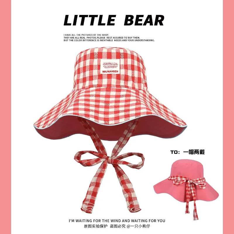 

Korean Version of The Double-sided Plaid Wide-brimmed Bucket Hat for Women Summer Outdoor Vacation Foldable Large Brim Sun Cap