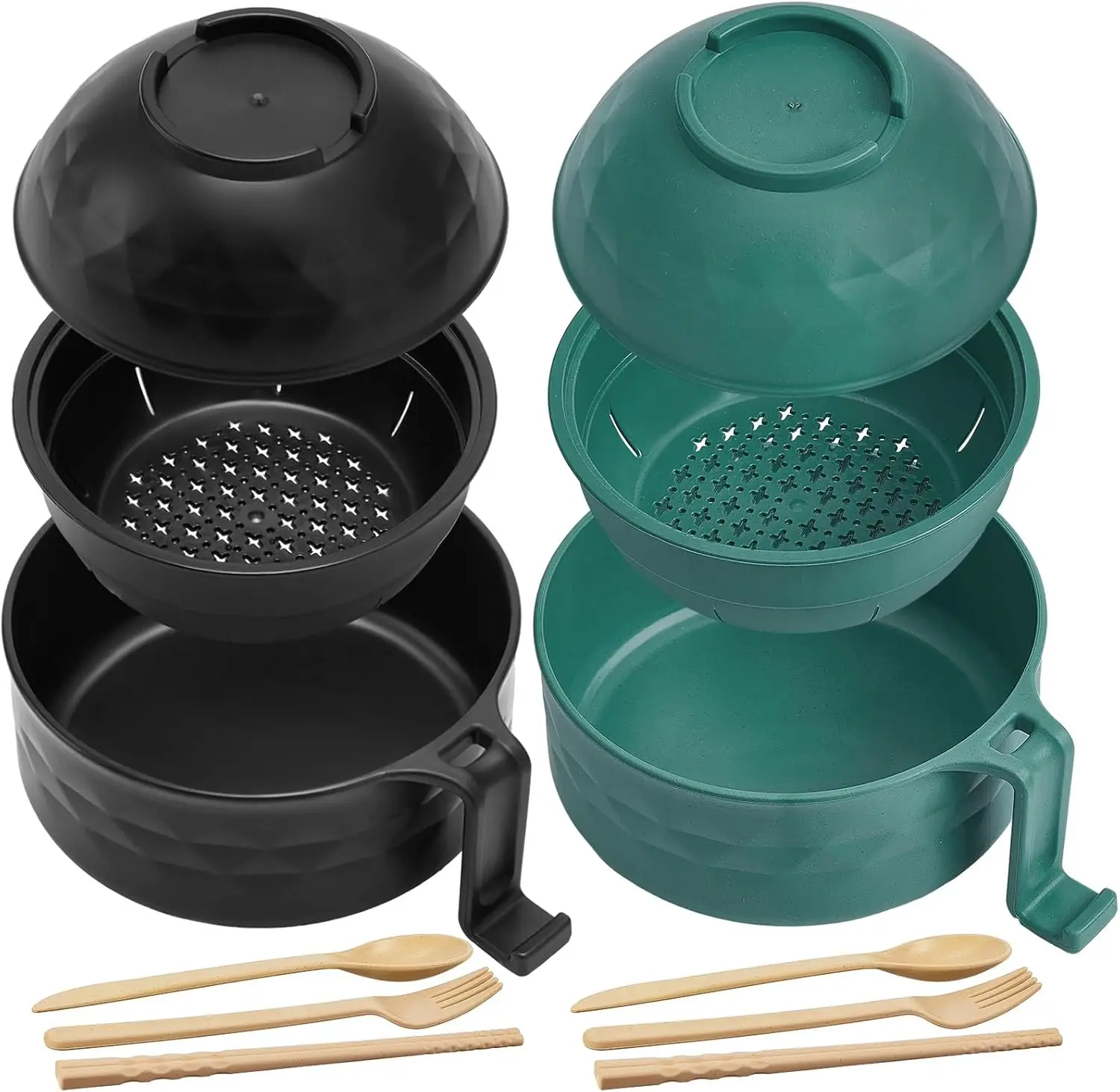 Juego de Tazones para Ramen de Microondas de 40 oz con Asas, Colador, Cuchara, Palillos y Tenedor para Dormitorios Universitarios y Apartamentos