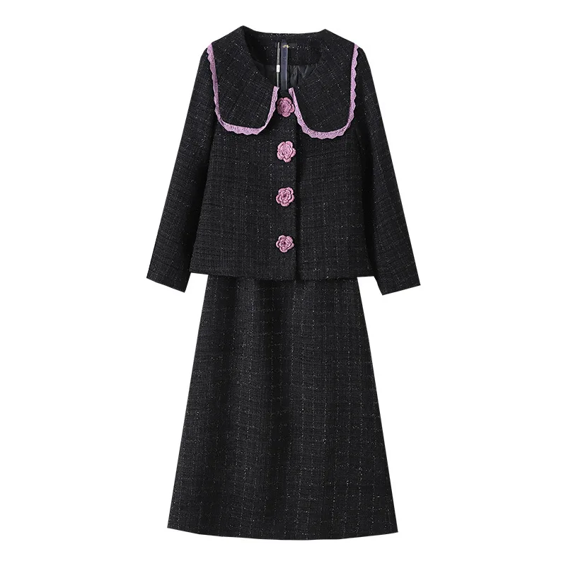 Women's loose plus size coarse tweed 2-pcs set with cotton jacket and high waisted skirt autumn/winter small fragrance style set