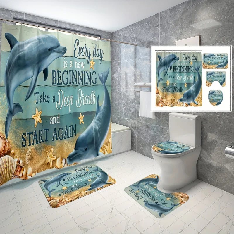 1/3/4pcs Blue Dream Dolphin U-shaped Pad, Toilet Seat Cover, Decoration, Bathroom Curtain Set, shower cur