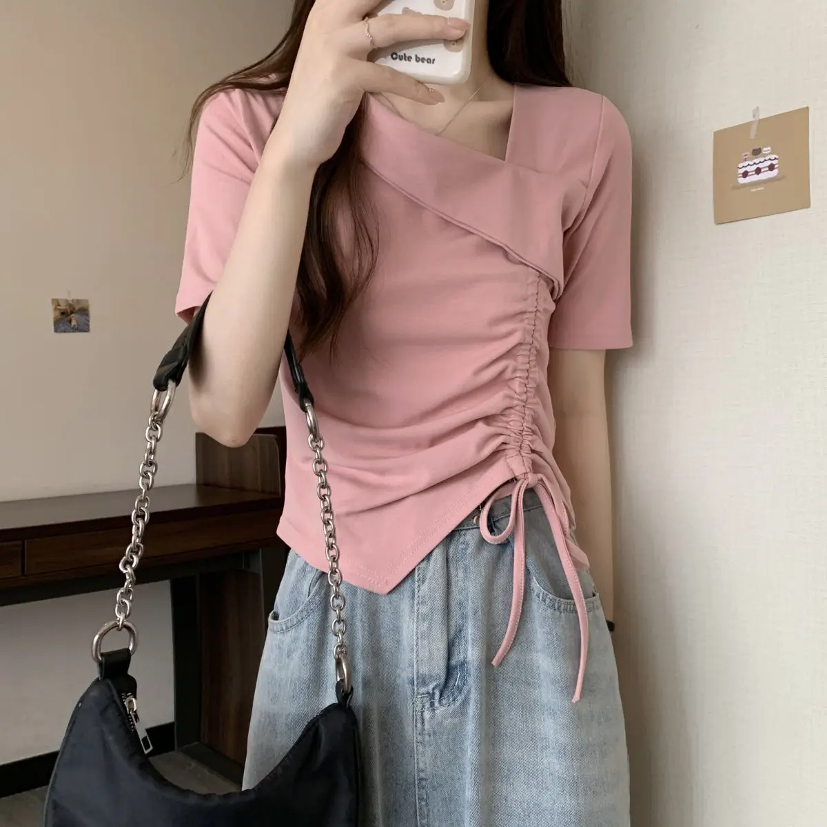 Kpop Teen-Gir Lace-Up Summer Short Sleeve Solid Color Slim Fit Hotsweet Spicy Girl Sweet Fashion Basics Casual Lady Clothes