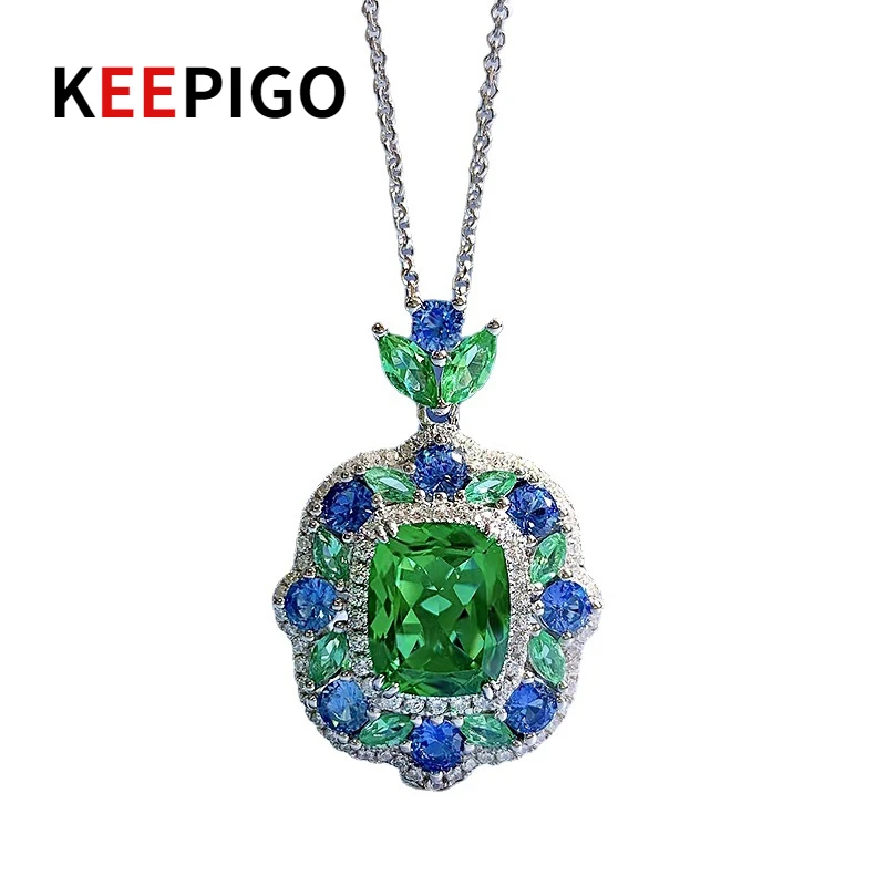 

KEEPIGO S925 Sterling Silver Synthetic Emerald 9*11mm High Carbon Diamond Pendant Necklace For Women Sparkling Luxury Jewelry