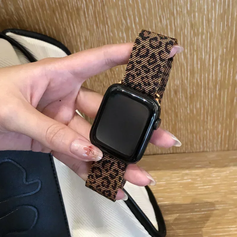 Trend Leopard print Band For iwatch 38 42 41mm For Apple Watch Strap Series 8 Ultra SE 7 6 5 40 44 45mm Stainless Steel Bracelet