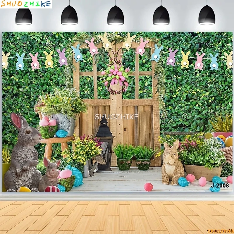 SHUOZHIKE الأخضر الربيع عيد الفصح خلفيات للتصوير الفوتوغرافي الدعائم الأرنب الأرانب الملونة البيض الخشب استوديو الصور خلفية VV-11